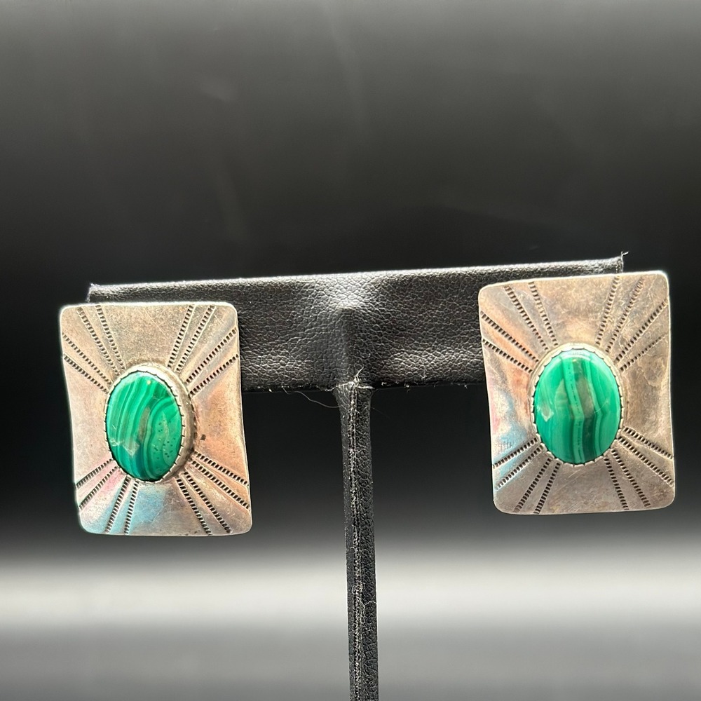 Vintage Sterling Malachite‎ Cabochon ClipOn Earrings Concho Southwest Square